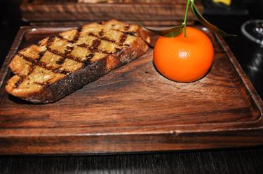 Dinner by Heston Blumenthal, Meat Fruit (c.1500)Mandarin, chicken liver & foie gras parfait, grilled bread £16.00