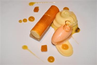 Martin Wishart, Pink Grapefruit And Passion Fruit Cream Charentai, Melon Sorbet, Honeycomb Tuile