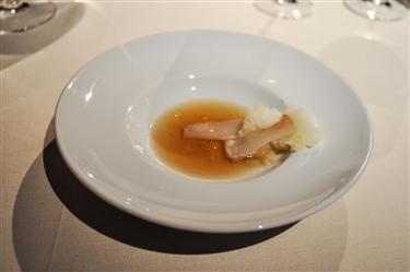 Mugaritz, Over a gelatinous pine nut cream, glutinous cod fish and mastic resin